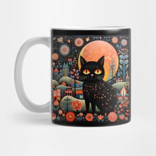 Surrealistic Folk Art Dark Floral Motif Black Cat Design Mug